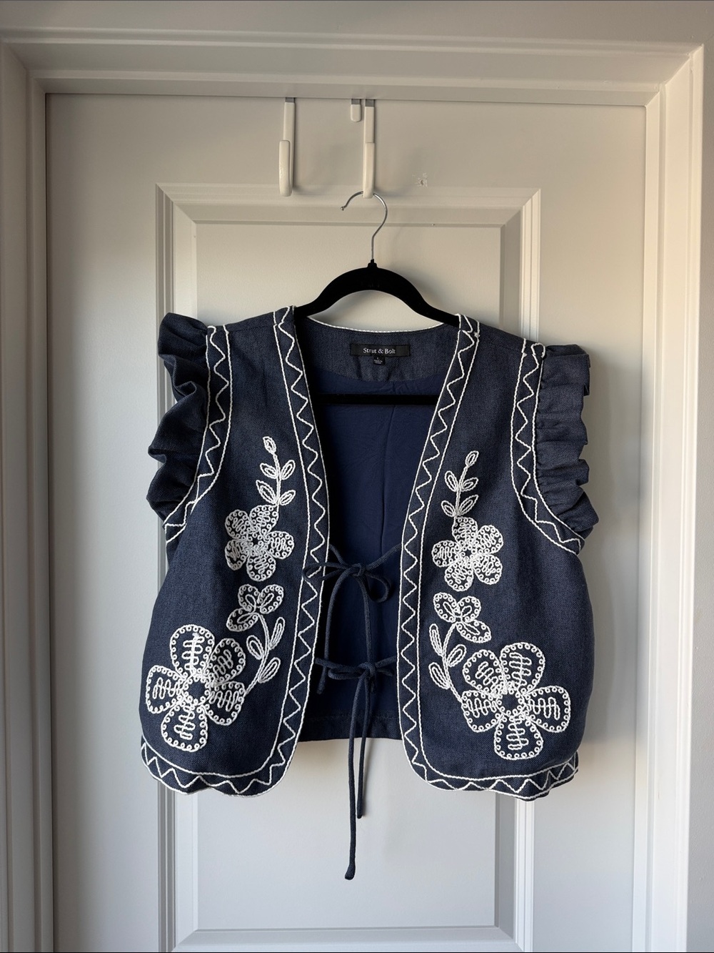 Elevated Navy Embroidered Tie-Front Vest - Size Noted